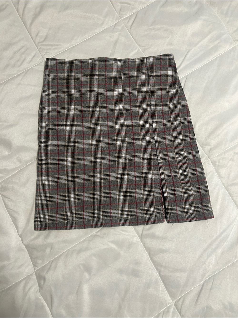 Plaid Mini Skirt with Subtle Side Slit - Gray with Red Windowpane